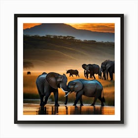 Elephants At Sunset 2 Art Print
