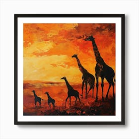 Giraffe Silhouettes In The Sunset 1 Art Print