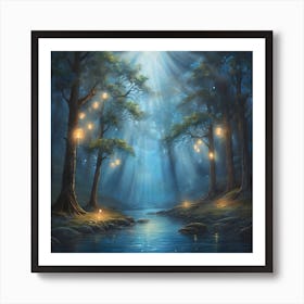 a painting of a forest with lanterns hanging from trees, an oil painting by Jeremiah Ketner, shutterstock contest winner, fantasy art, enchanting, flickering light, glowing lights Poster