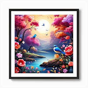 A Bright Toned Design With Flowers And Leaves Trees And Birds A Beautiful And Simple Picture Birds And Flowers Art Print