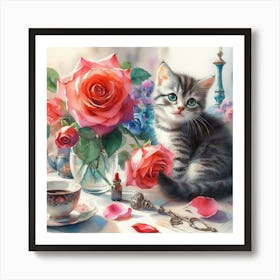 Kitten With Roses Art Print