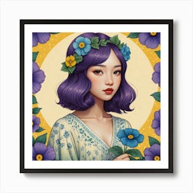 Asian Girl With Purple Flowers Art Print