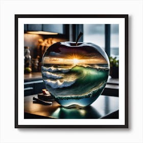 Double Exposure Rendering Of Ocean Sunrise Within A Glas Apple On A Kitchen Table Art Print