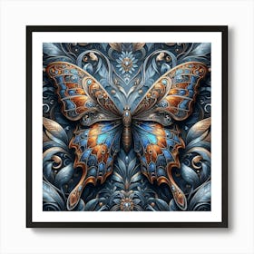 Ornate Metallic Butterfly - Blue & Amber Art Print