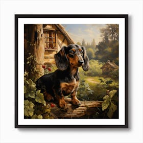 Dachshund On A Log Outside A Cottage Art Print