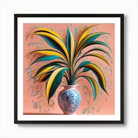 Vibrant Foliage Stylized Plant In Patterned Vase (1) Art Print