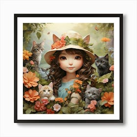Little Girl With Cats Art Print