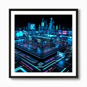 Cutting Edge Industrial Management And Automation System Interface Neon Glowing Lines On A Dark Bac (6) Art Print