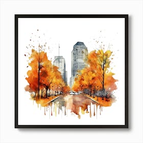 Autumn City Watercolor Painting Art Print