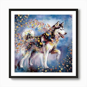 Husky Dog With Butterflies Art Print