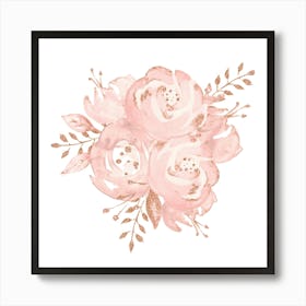 Pink Roses On White Rose Gold Art Print