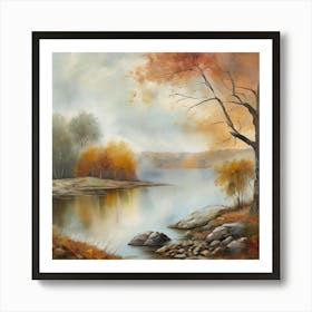 Autumn Lake,Forest Lake, Vintage Oil Painting, Farmhouse Wall Decorations, Antique Landscape, Vintage Landscape Oil Painting.5 4 Art Print