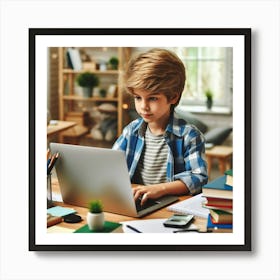Boy Working On Laptop At Home Art Print