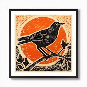 Retro Bird Lithograph Blackbird 2 Art Print