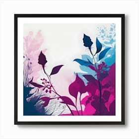 Botanical Illustration Silhouette, Fuchsia, Blue and White Art Print