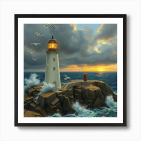 Flux Schnell Majestic Lighthouse On Rocky Cliff Crashing Waves 1 Art Print