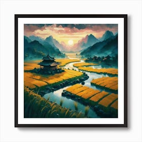 Beautiful views of rice fields, close to the river and surrounded by mountains, 4 Art Print