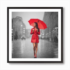 Beautiful Woman In Red Coat In The Rain Art Print