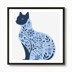 Blue Cat With Flowers Art Print