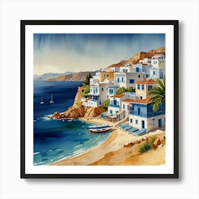 Watercolor Of Greek Village.Summer on a Greek island. Sea. Sand beach. White houses. Blue roofs. The beauty of the place. Watercolor. Art Print