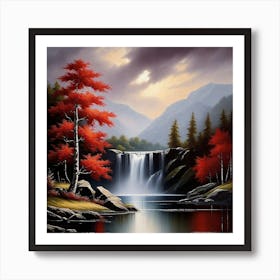 Waterfall With Red Trees Art Print