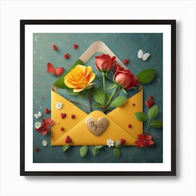 An open red and yellow letter envelope with flowers inside and little hearts outside 10 Art Print