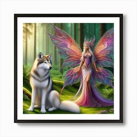 Lady fairy with a wolf  Art Print