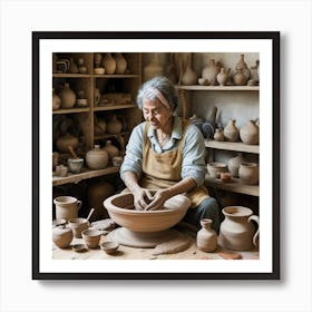 a skilled artisan creating handmade pottery, surrounded by a wheel, clay, and finished pieces. This craft-inspired art print is perfect for pottery enthusiasts and those who appreciate the beauty of handcrafted items, adding a touch of artisanal charm to home decor. Art Print