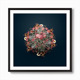 Vintage Cabbage Rose Flower Wreath on Teal Blue n.0122 Art Print