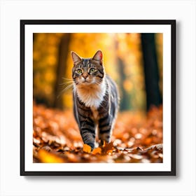 Cat Walking In Autumn Leaves Art Print