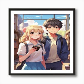 Anime Couple In Library Art Print