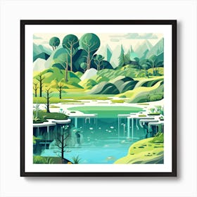 Flat Landscape With Trees And Water Art Print