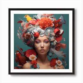 Portrait Of A Young Woman With Flowers And Birds Art Print