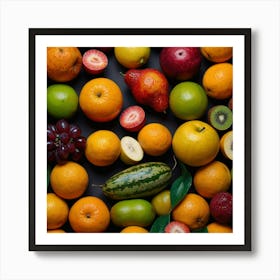 Fresh Fruits On A Black Background Art Print