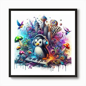 Penguin With Headphones 4 Art Print