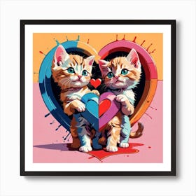 Lovers Kittens Holding Hearts Art Print