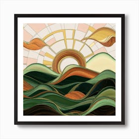 Straight and broken flowing lines and tree shapes, gold, sage, in the form of a tropical ocean. Art Print