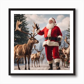 Santa Claus With Reindeer Art Print