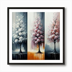 Three different paintings each containing cherry trees in winter, spring and fall 8 Art Print