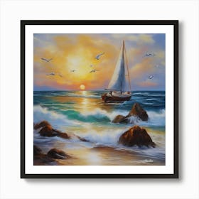 Oil painting design on canvas. Sandy beach rocks. Waves. Sailboat. Seagulls. The sun before sunset.4 Art Print