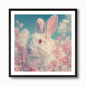 White Rabbit In Pink Blossoms Art Print