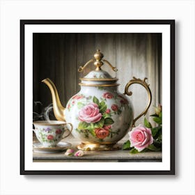 A very finely detailed Victorian style teapot with flowers, plants and roses in the center with a tea cup 14 Art Print