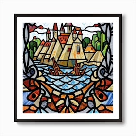 Image of medieval stained glass windows of a sunset at sea 1 Art Print