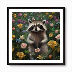 Raccoon in flower field 3 Art Print