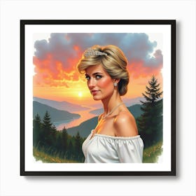 Elegant Watercolor Of Princess Diana With A Picturesque Sunset View 1 Art Print