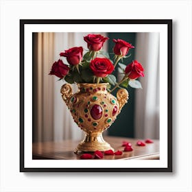 Gold Vase With Red Roses Art Print