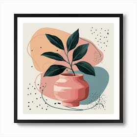 A stunning painting of a plant with dark green leaves, artistically placed in a pink ceramic vase. 3 Art Print