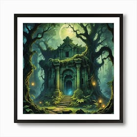 Ancient Temple Ruin In Forest At Night Art Print