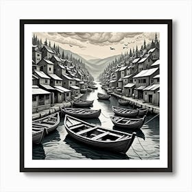 Fishing Village Monochrome Cubism Style Art Print