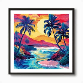 Sunset With Palm Trees Affiche